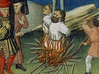 Фрагмент средневековой миниатюры, изображающий сожжение на костре еретиков. Иллюстрация с сайта 2yxa.ru