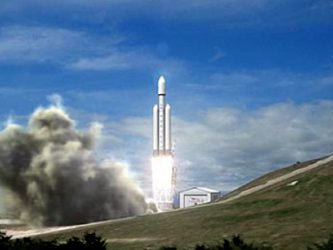 Компьютерная модель старта Falcon Heavy, кадр с сайта www.spacex.com