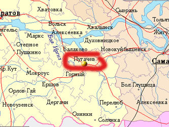Город Пугачев на карте Поволжья. Иллюстрация с сайта www.mojgorod.ru 