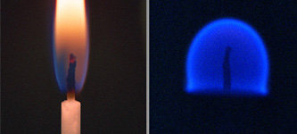 Пламя на Земле (слева) и в состоянии невесомости (справа). Фото пресс-службы Роскосмоса