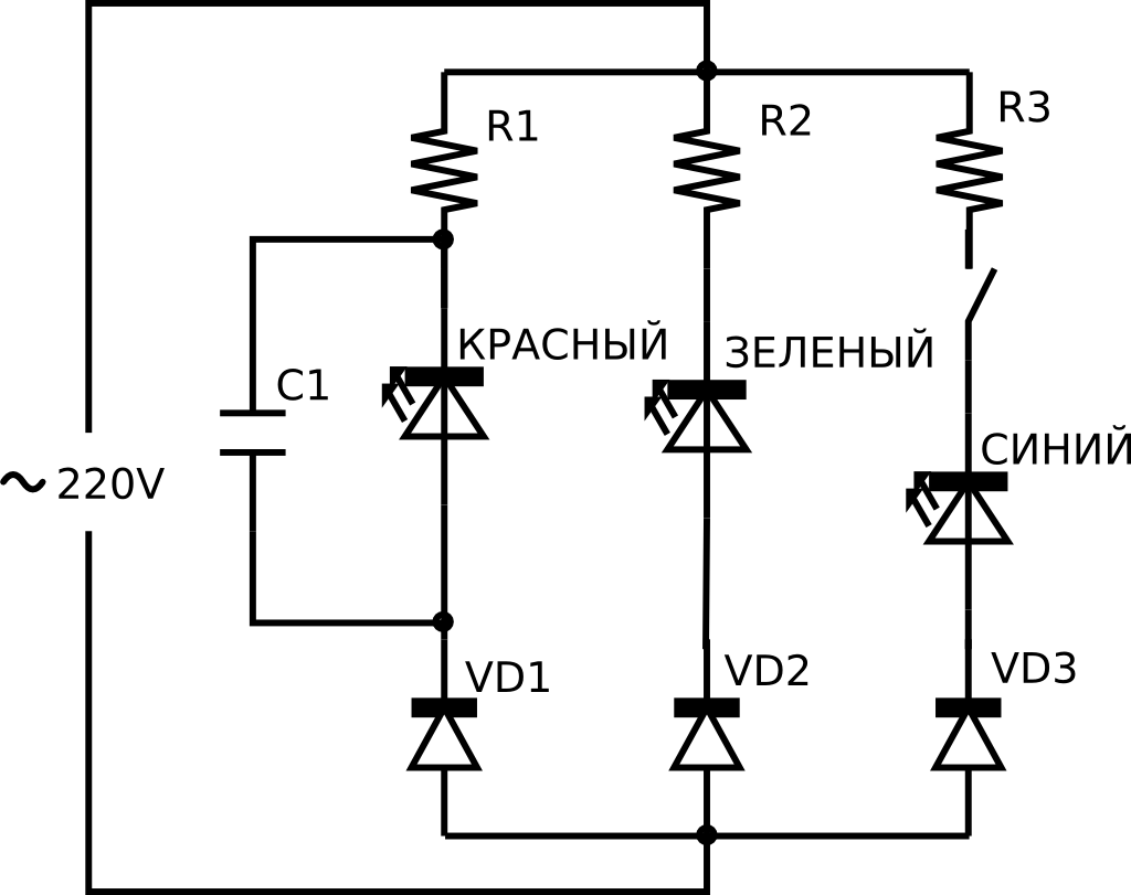 Vd1 диод. Схема Маяк на трёх резисторах, 2 конденсаторах и светодиоде.
