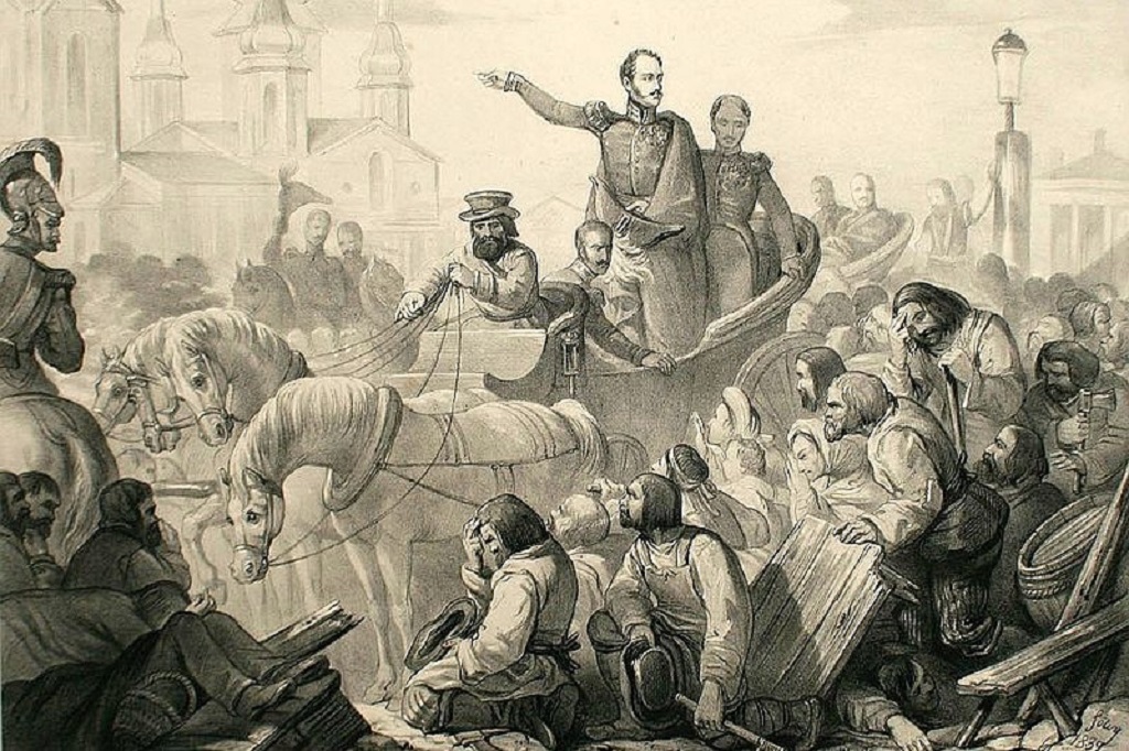 Николай I усмиряет толпу во время холерного бунта. Рисунок XIX века