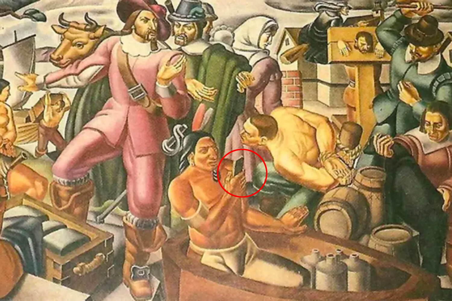 Смартфон на картине «Мистер Пичон и заселение Спрингфилда» Умберто Романо