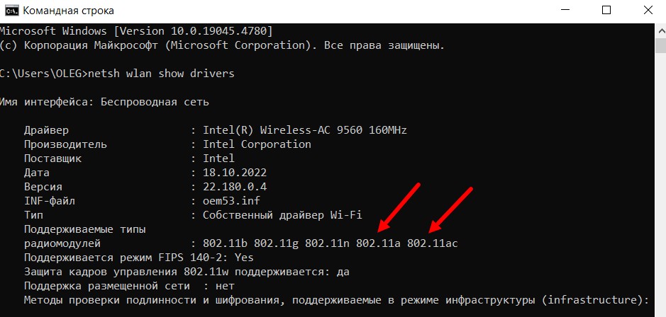 При вводе команды отображаются поддерживаемые стандарты Wi-Fi 