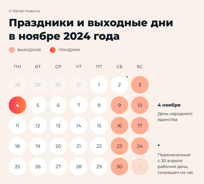 Праздничные и выходные дни в ноябре 2024 года