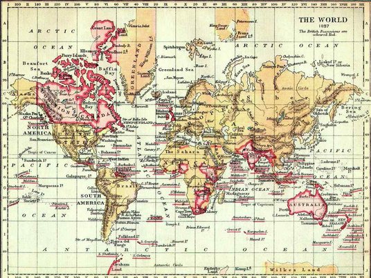 Колонии британской империи (отмечены красным) на карте мира от 1897 года