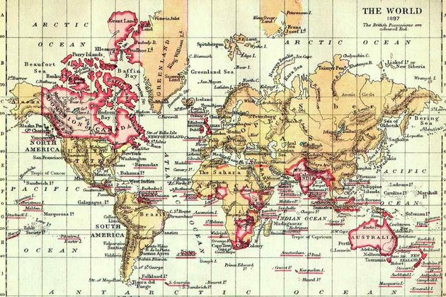 Колонии британской империи (отмечены красным) на карте мира от 1897 года