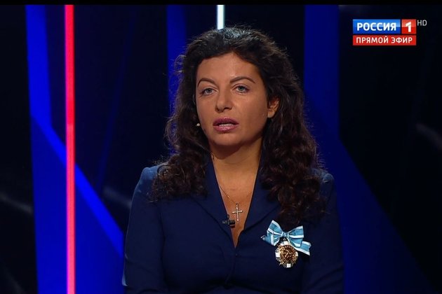 Глава медиагруппы «Россия сегодня» и телеканала RT Маргарита Симоньян в эфире программы «Воскресный вечер с Владимиром Соловьевым» на телеканале «Россия 1»