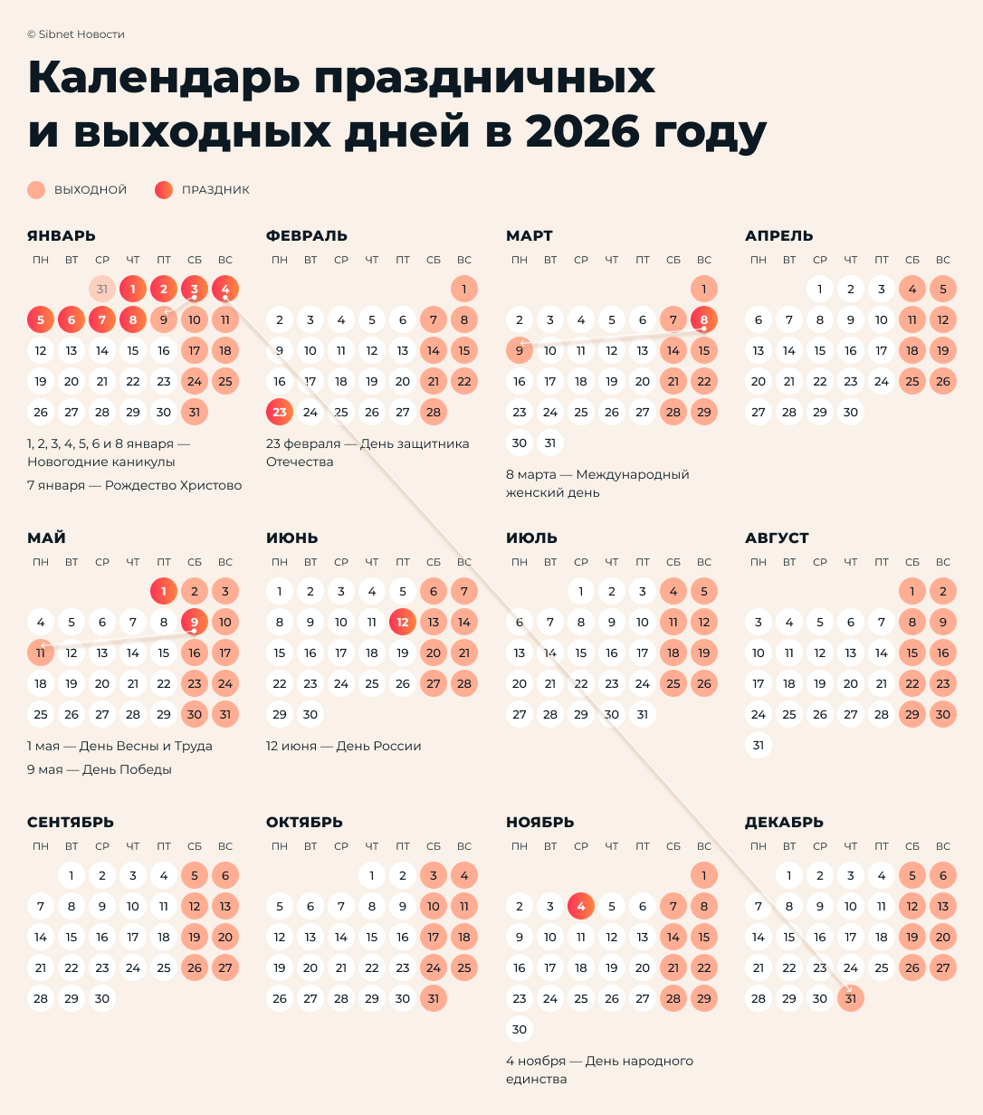 Календарь праздников и выходных дней в 2026 году