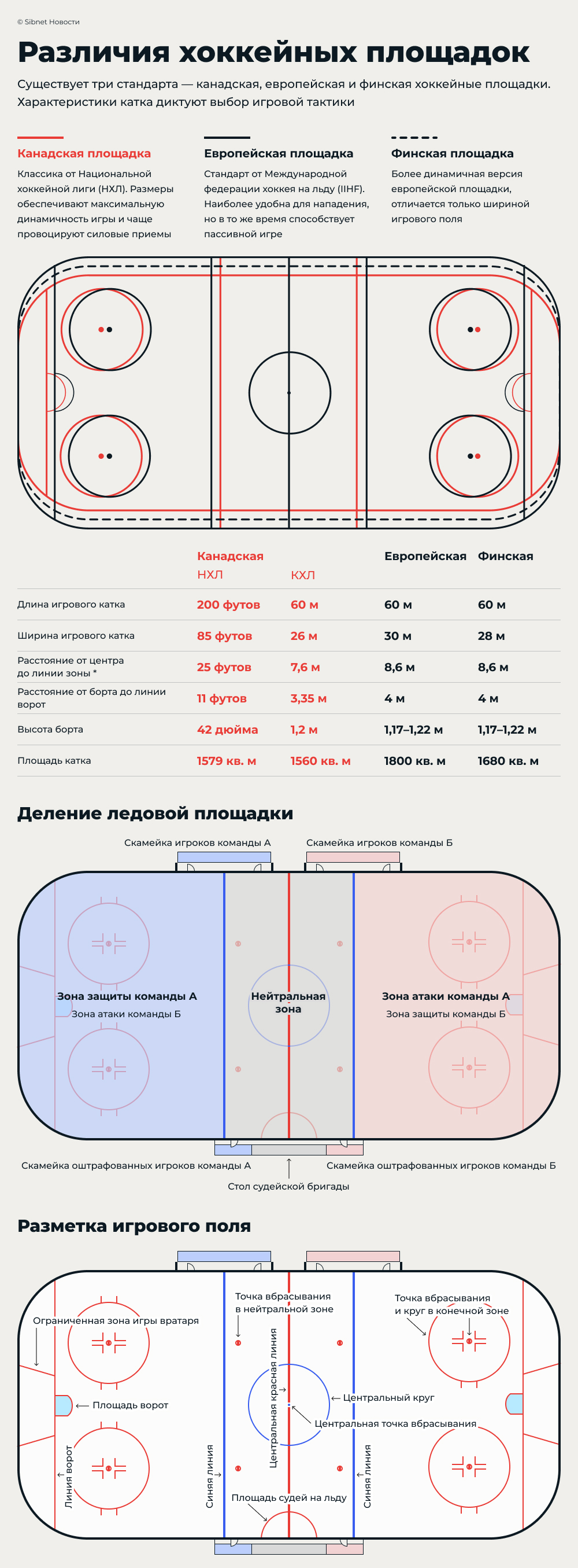 Различия хоккейных площадок и разметка игрового поля